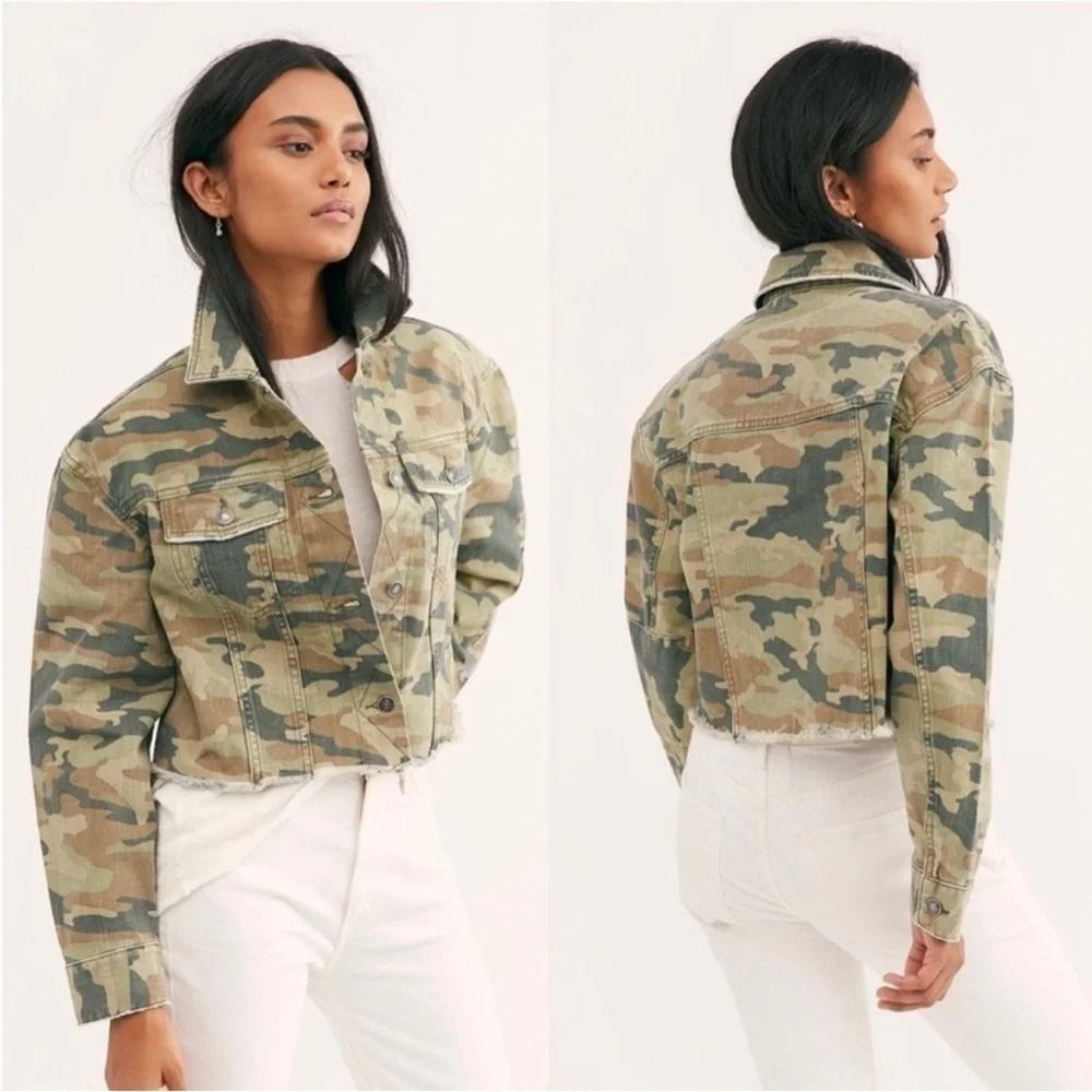 Free People Camo Cropped Jean Jacket in Green & Tan - Picture 7 of 13